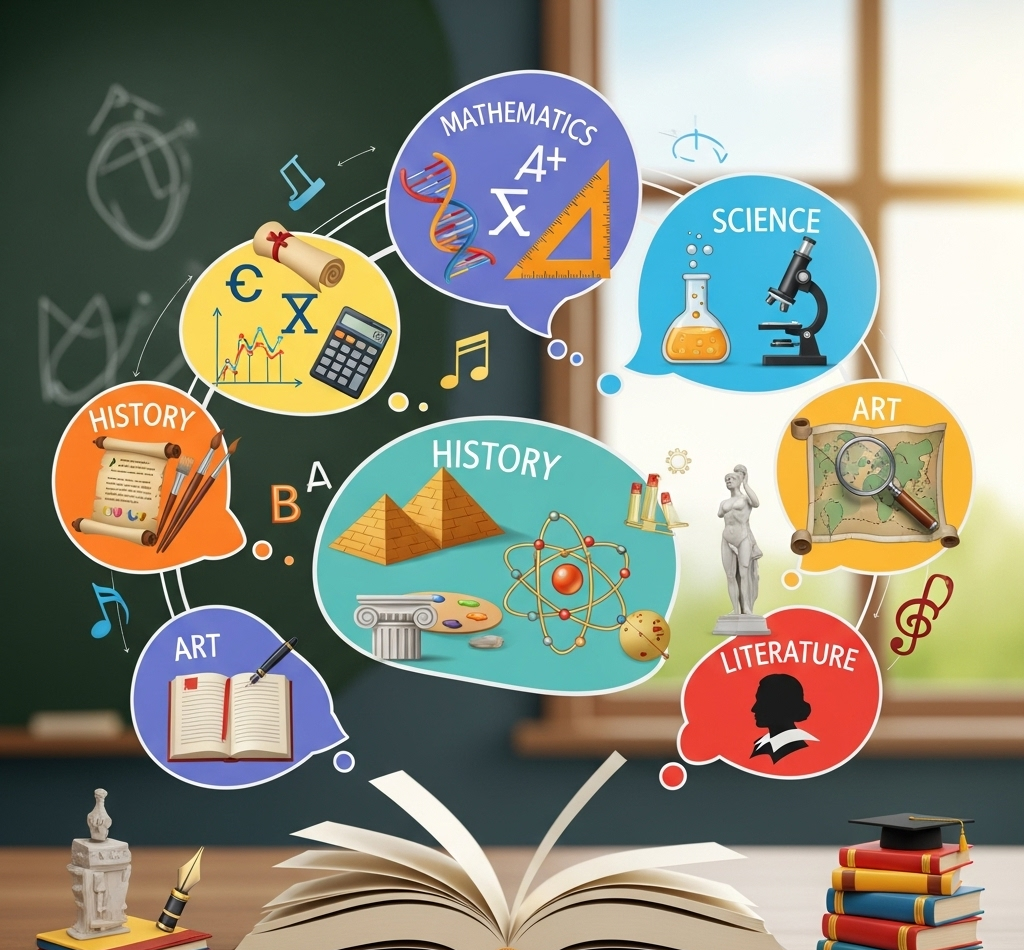 An image showing symbols for different school subjects